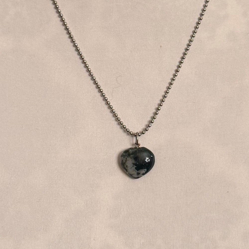 Moss Agate Heart Pendant Necklace with Silver Beaded Chain